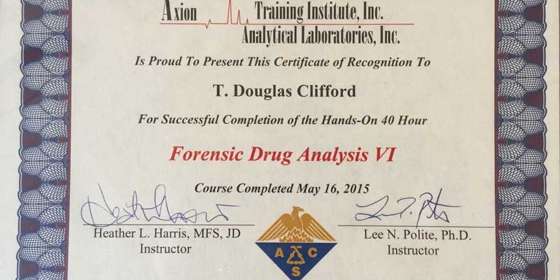 Certificate of Axion Training Institute Inc. Analytical Laboratories Forensic Drug Analysis Certification